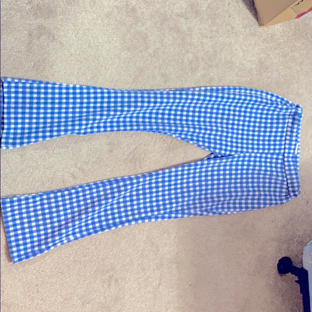 Checkered blue pants. Super comfortable.